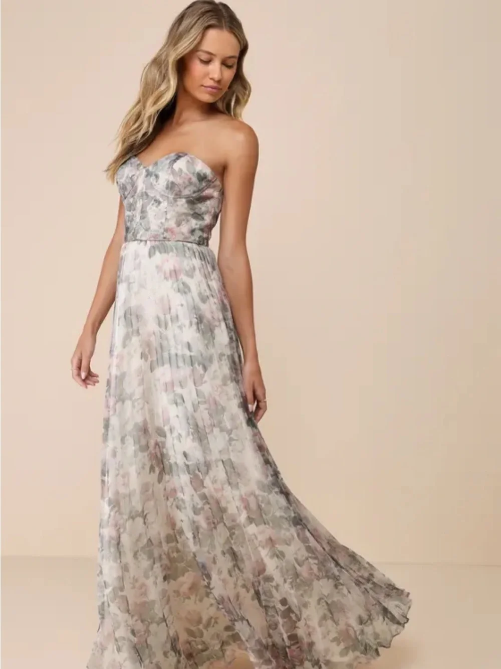 Lulu's Strapless Floral Pleated Maxi Dress in Pink and Green - Picture 4 of 8